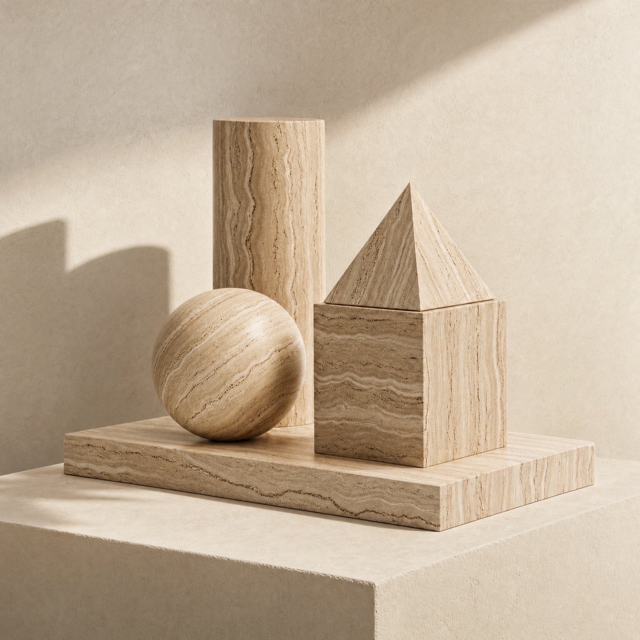 Archetype travertine sculptural objects arranged on an ivory architectural plinth.